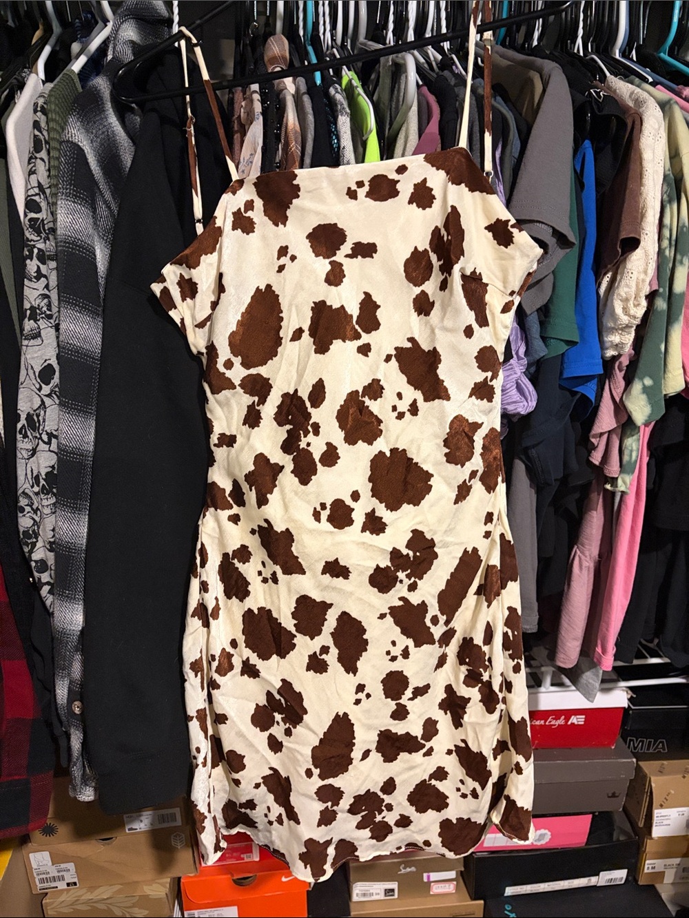 Cowprint Cream and Brown Spaghetti-Strap Mini Dress